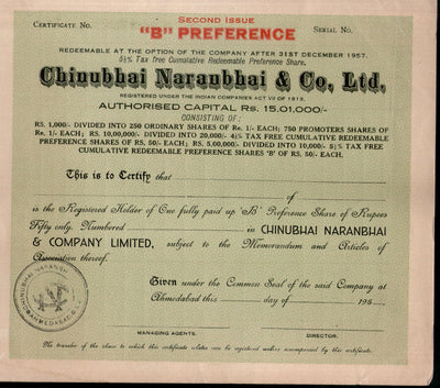 India 1950's Chinubhai Naranbhai & co. Preferance Share Certificate 2nd Issue # FA05 - Phil India Stamps