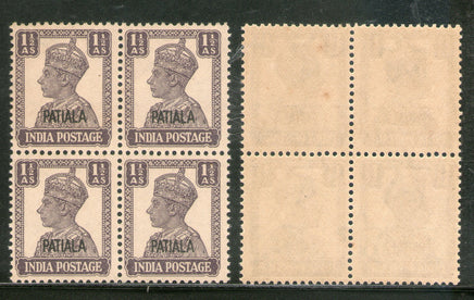 India Patiala State 1½An KG VI Postage Stamp SG 108a / Sc 107 Blk/4 Cat £56 MNH - Phil India Stamps