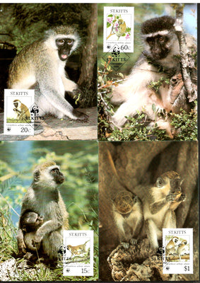 St. Kitts 1986 WWF Green Monkey Wildlife Animal Mammals Sc 189-2 Set 4 Max Cards # 43 - Phil India Stamps