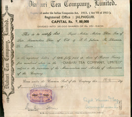 India 1940's Diabari Tea Company Share Certificate with Revenue Stamp # 10385c