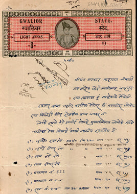 India Fiscal Gwalior State 8As Jivaji Rao Stamp Paper Type 75 KM 756 # 10838