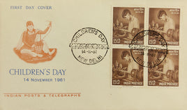 India 1961 15p Children's Day Handicraft Phila 359 BLK/4 FDC # 12725