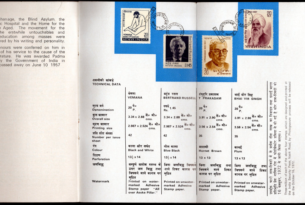 India 1972 Personalities Bertrand Russell Vemana Prakasham Vir Singh Phila-556-59 Cancelled Folder # 18206