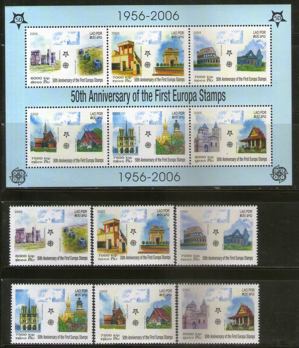 Laos 2005 Europa Historical Monuments Sc 1668-73a Set+M/s MNH # 5238