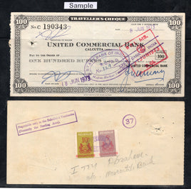 Chèque de voyage de 100 roupies de la India United Commercial Bank, numéro de revenu de Singapour : 6255