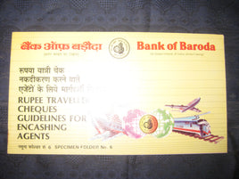 India Rs. 100 Bank of Baroda Traveller's Cheque SPECIMEN Booklet # 6855