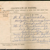 India 1960 Grant Road Bombay tied Certificate of Posting form # 7635