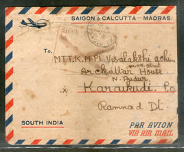 Indo-China 1951 Saigon-Calcutta-Madras Air Mail Cover Boxed X BY SURFACE ROUTE Hand Stamp # 8039