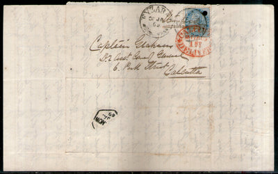 India 1869 Formula Letter Sheet f.w. QV ½An t.w. FYZABAD Duplex Canc. to Calcutta with Red Cds # 9235
