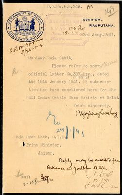 India Princely State - Mewar Udaipur Rajputana Crested Letter Head Coat of Arms to Jaipur # 9243