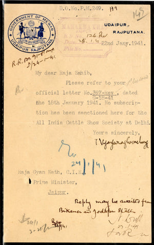 India Princely State - Mewar Udaipur Rajputana Crested Letter Head Coat of Arms to Jaipur # 9243
