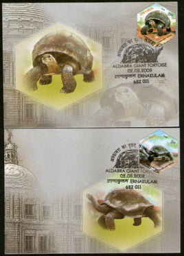 India 2008 Aldabra Giant Tortoise Setenant Phila-2369 Set of 2 Max Cards Presentation Pack With Stamp & Cancelled # 9250