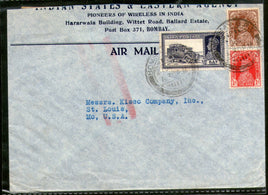 India 1938 KG VI Transport Multi Stamped Cover Bombay to United States # 1452-21