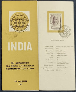 India 1964 Sri Aurobindo 92nd Birth Anni. PONDICHERRY Special Place cancellation Folder