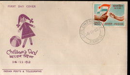India 1962 15p Children's Day Hand & Flag Phila 377 FDC