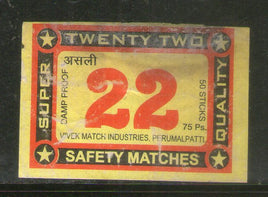 India TWENTY TWO Brand Safety Match Box Label # MBL178