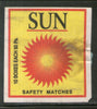 India SUN Brand Big Safety Match Box Label # MBL270