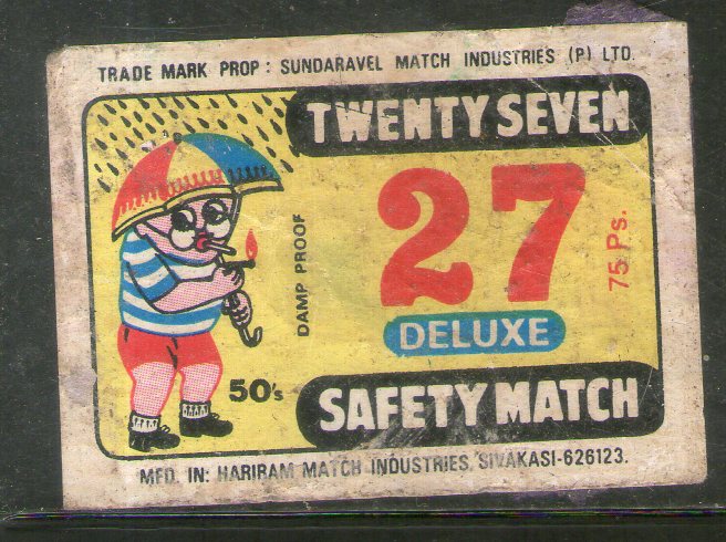 India TWENTY SEVEN Brand Safety Match Box Label # MBL339