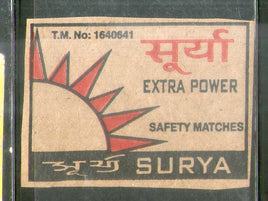 Étiquette de boîte d'allumettes de sécurité de marque indienne SURYA n° MBL342