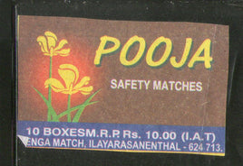 Étiquette de boîte d'allumettes de sécurité de marque India POOJA n° MBL380