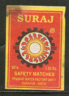 Étiquette de boîte d'allumettes de sécurité de marque India SURAJ n° MBL382