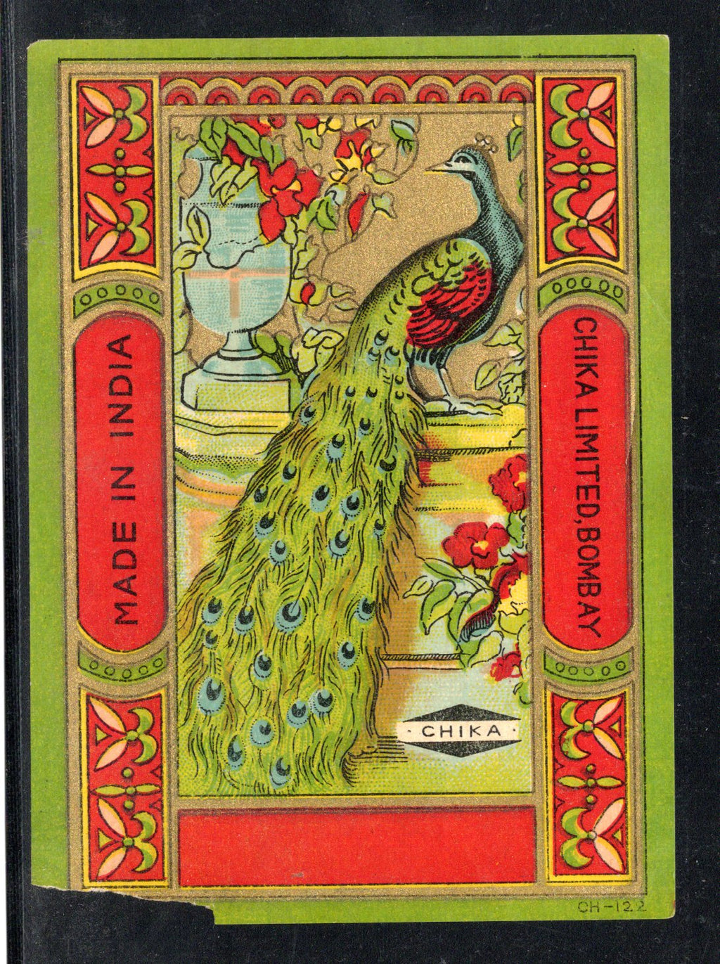 India Bird Peacock Vintage Trade Textile Chika Mills Bombay Label Multi-colour # 7 - Phil India Stamps