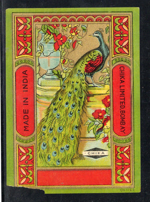 India Bird Peacock Vintage Trade Textile Chika Mills Bombay Label Multi-colour # 7 - Phil India Stamps
