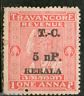 India Fiscal KERALA O/p on TRAVANCORE State 1An Revalued King Revenue Stamp Fine