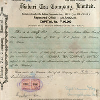 India 1940's Diabari Tea Company Share Certificate with Revenue Stamp # 10385A - Phil India Stamps