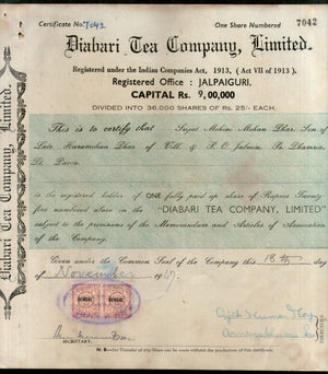 India 1940's Diabari Tea Company Share Certificate with Revenue Stamp # 10385A - Phil India Stamps