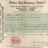 India 1940's Diabari Tea Company Share Certificate with Revenue Stamp # 10385D - Phil India Stamps