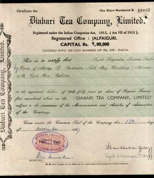 India 1940's Diabari Tea Company Share Certificate with Revenue Stamp # 10385D - Phil India Stamps