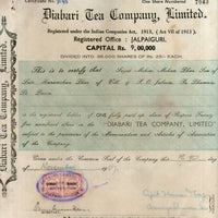 India 1940's Diabari Tea Company Share Certificate with Revenue Stamp # 10385E - Phil India Stamps