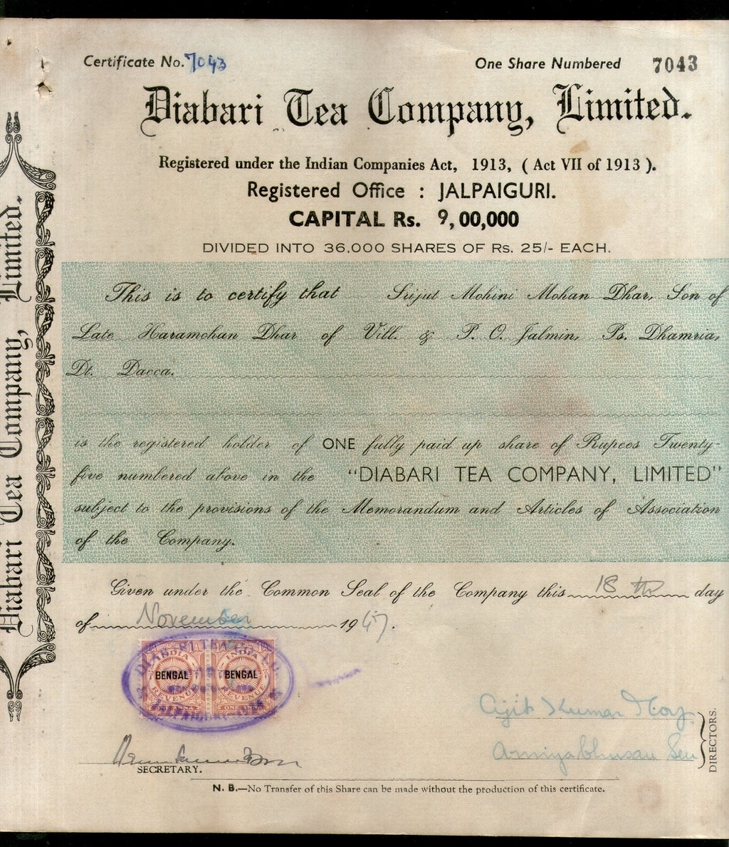 India 1940's Diabari Tea Company Share Certificate with Revenue Stamp # 10385E - Phil India Stamps