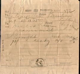India 1908 Telegraph / Telegram Bombay to Bahawalpur Pakistan + Envelope #10930H