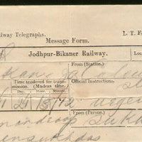 India 1907 Jodhpur Bikaner Railway Licensed Telegraph Form Telegram to Calcutta