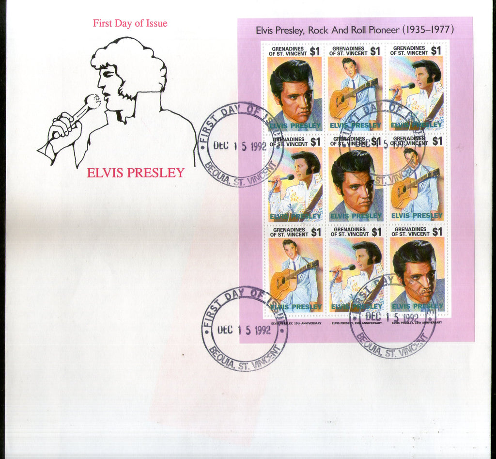 St. Vincent Grenadines 1992 Elvis Presley Cinema Music Film Actor Sc 1001 Sheetlet FDC # 10958
