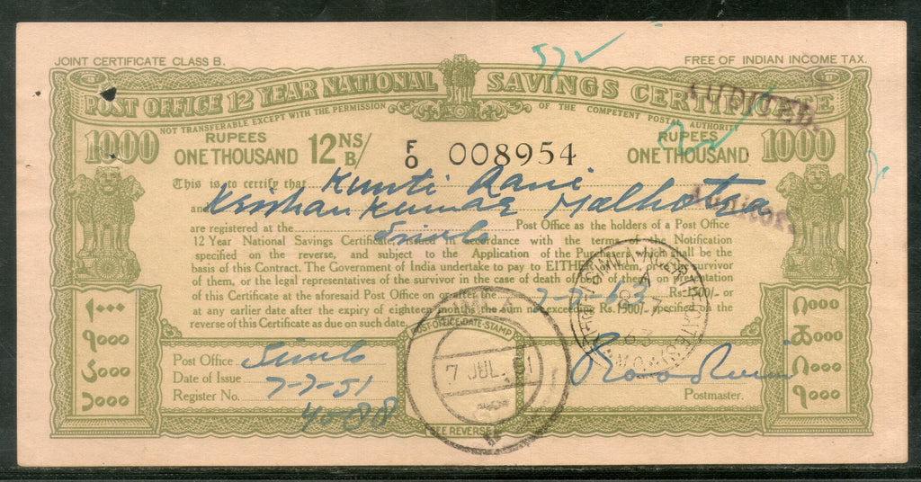 India 1951 Rs.1000 Post Office National Saving Certificate Scripophily # 12630
