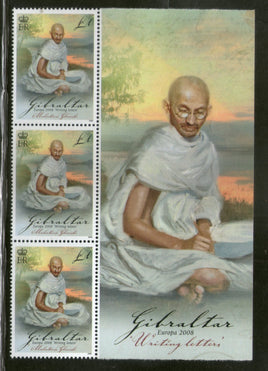 Gibraltar 2008 Mahatma Gandhi of India Writing Letter Sheet Marginal Strip of 3 MNH # 5315