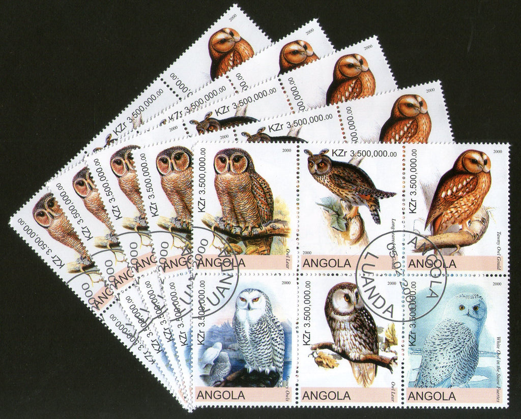 Angola 2000 Birds Snowy Owl Long Ear Owl Setenant BLK/6 Cancelled X5 # 13485