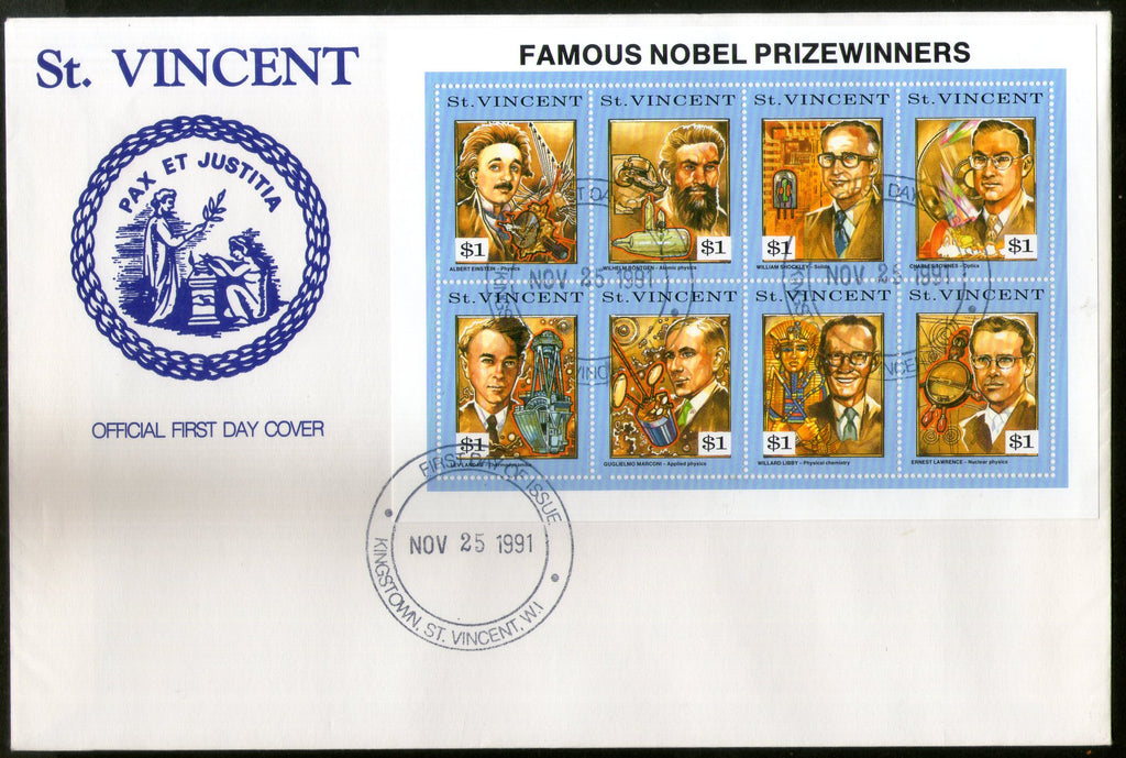 St. Vincent 1991 Nobel Prize Winner Einstein Roentgen Marconi Sc 1563 Sheetlet FDC # 15130