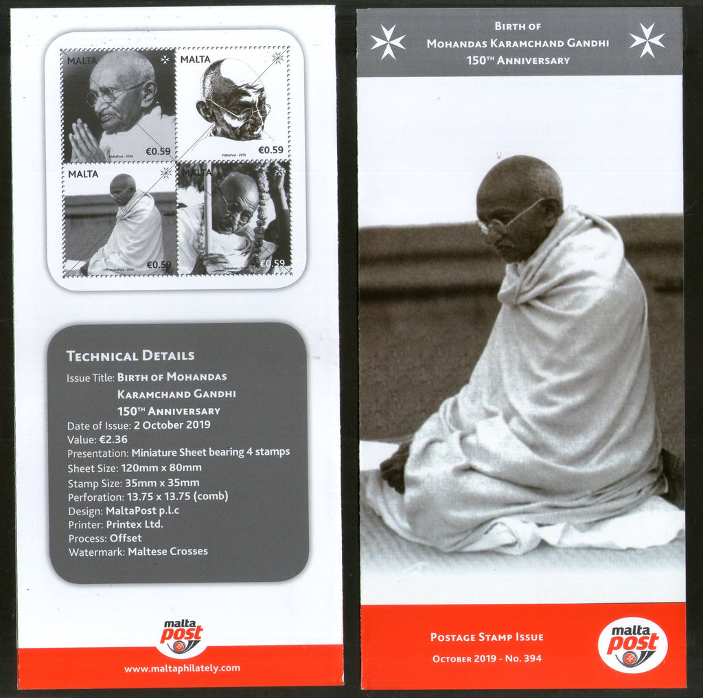 Malta 2019 Mahatma Gandhi of India 150th Birth Anniversary Blank Publicity Folder MNH # 16582
