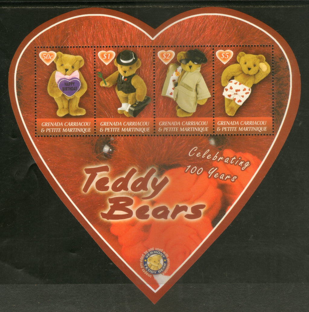 Grenada Grenadines 2002 Teddy Bear Centenary Heart Odd Shaped M/s Sc 2422 MNH # 19219