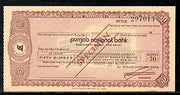 India Rs.50 Punjab National Bank Traveller's Cheques ' SPECIMEN ' RARE # 5823A