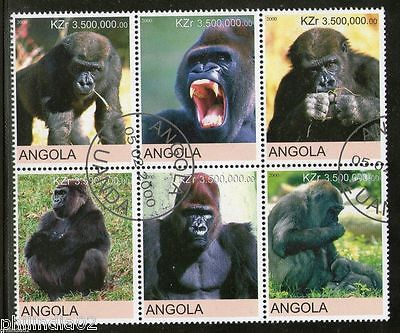 Angola 2000 Monkey Gorilla Wild Life Animal Setenant BLK/6 Cancelled # 13495