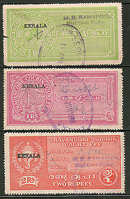 India Fiscal Travancore - Cochin State O/P KERALA 3 Diff. to 2R Court Fee Type12 # 5294