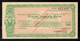India Rs. 200 Punjab National Bank Traveller's Cheques ' SPECIMEN ' RARE # 16221C