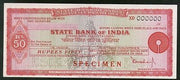 India Rs.50 State Bank of India Traveller's Cheques ' SPECIMEN ' RARE # 16131