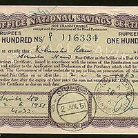 India 1951 Rs.100 Post Office National Saving Certificate Scripophily Rare #1262