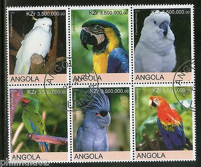 Angola 2000 Birds Parrot Macau Kakatoo Setenant BLK/6 Cancelled # 13502